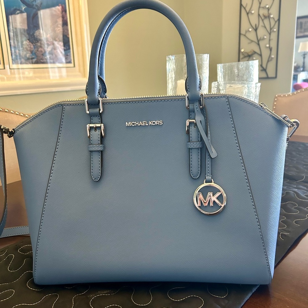 Michael Kors Ciara Large Leather Satchel in French Blue & silver tone hardware